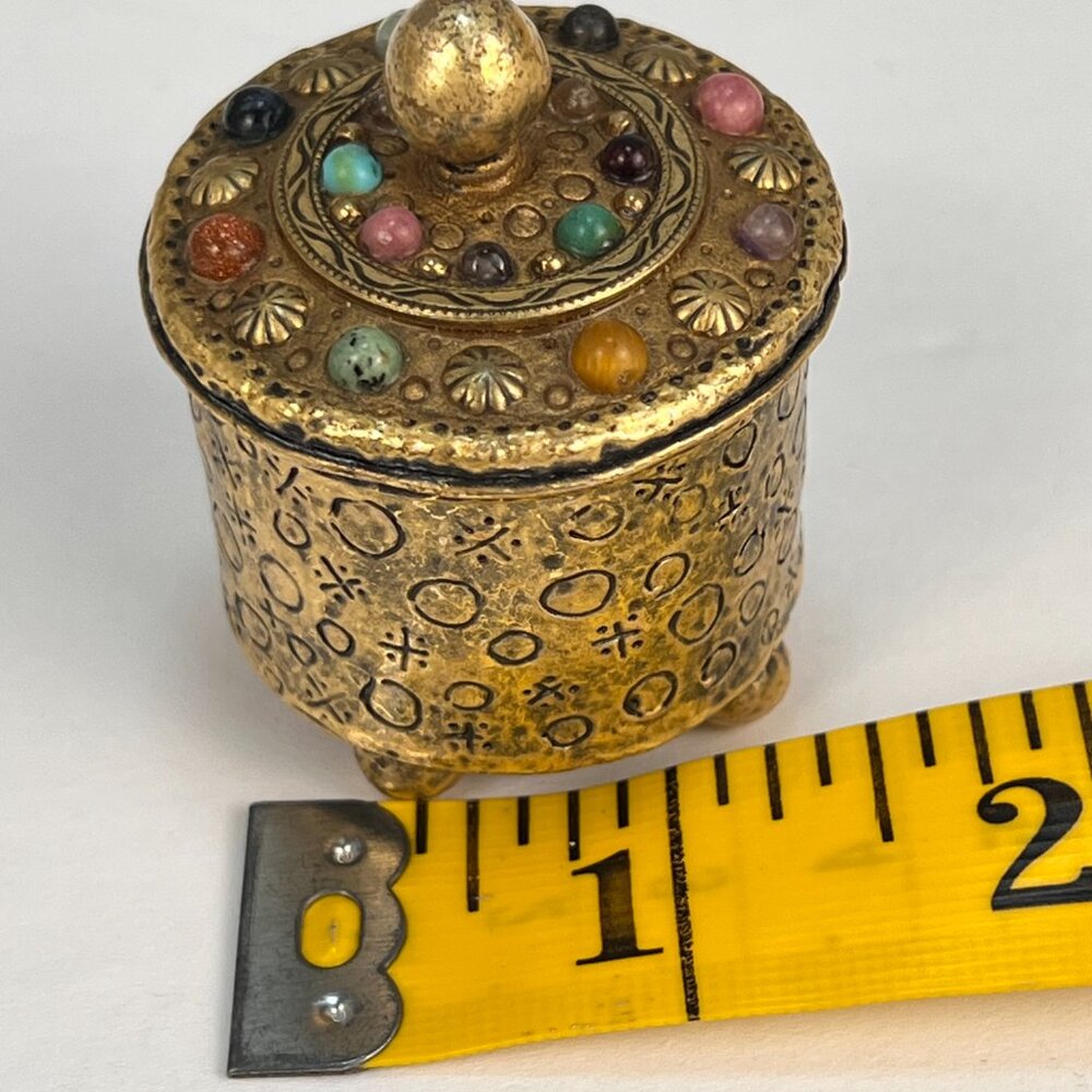 Michal Golan Mini Round Lidded Footed Ornate Brass w/Stones Trinket Box Signed